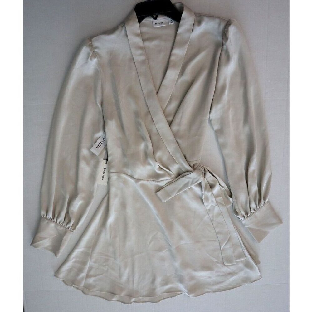 Babaton Aritzia Women's Sz Medium Matte Pearl Hyde Mini Satin Wrap Dress